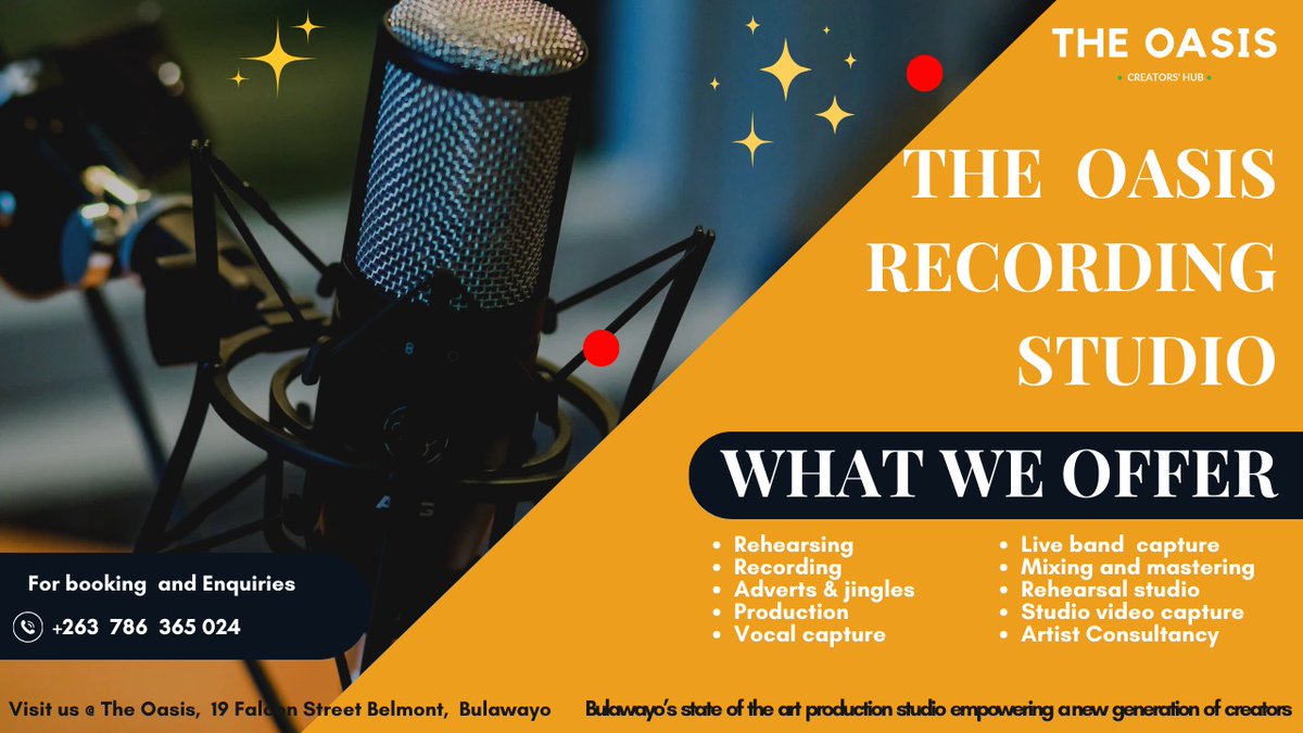 Unleash your creativity at The Oasis Recording Studio!  We offer professional Recording, Rehearsal, Mastering, Mixing, Vocal Capture, and SO much more! Come and craft your sound in Bulawayo's state-of-the-art production studio
#TheOasisStudio #Bulawayostudio