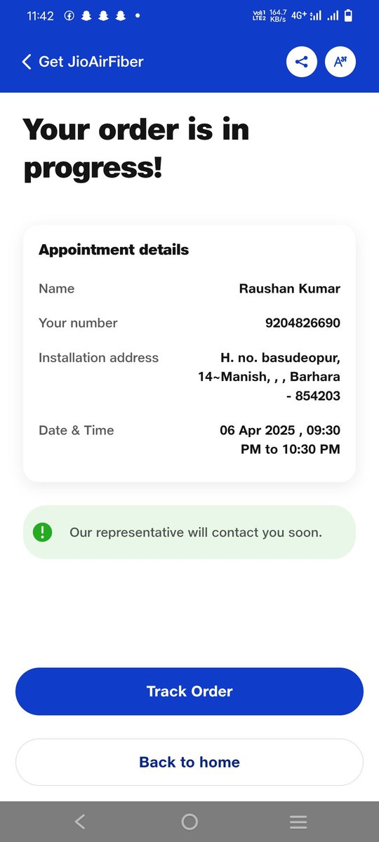 RaushanSahuSam1's tweet photo. @JioCare "My Jio Fiber is not being installed, and they are behaving rudely. 
I was very disappointed by the rude and dismissive behavior of the staff at my local Jio Care Center. The Jio Center area pin code number 854203 barhara Kothi The care staff name is Shahnawaz https://t.co/EAIvH2sVUQ