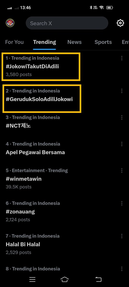 Trending Topic
#JokowiTakutDiAdili 
#GerudukSoloAdiliJokowi 
Didunia ini, tidak ada satu pun manusia dapat lepas dari jeratan hukum.
9