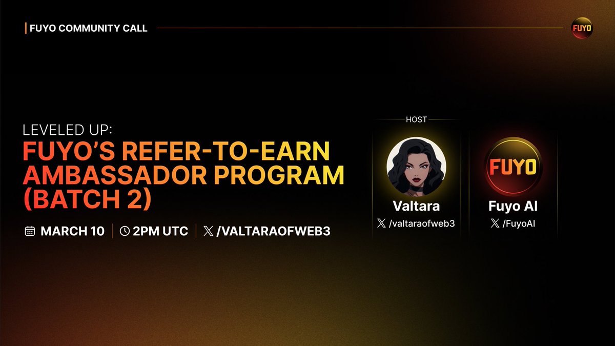 FuyoAI's tweet photo. 🗣🎙 AMA ALERT 🗣🎙
FUYO's REFER TO EARN AMBASSADOR PROGRAM JUST LEVELED UP 🤑💰

Want to turn your network into cold, hard $USDT? Batch 2 of Fuyo’s Refer-to-Earn Ambassador Program is here with upgraded perks, more bonuses, and new ways to win. 💰

We’re breaking it all down LIVE tomorrow with one of our Super Ambassadors, @ValtaraOfWeb3⚡️👇
🗓 April 10, 2025
🕑 2 PM UTC
📍 https://t.co/TG6Ltkro5I

Come through if you're ready to shill smarter, earn harder!