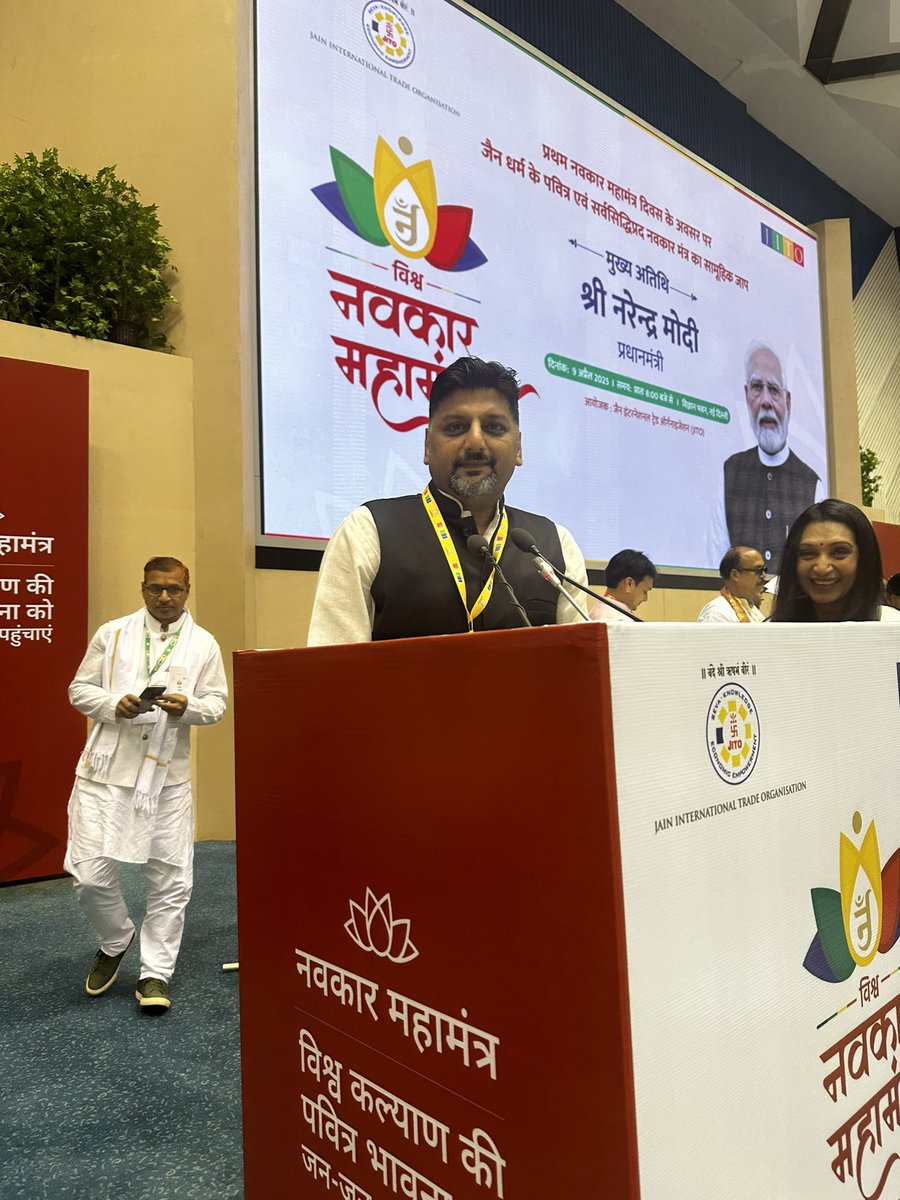 SethiNagaland's tweet photo. Honoured to be part of the grand #JITO #NavkarDivas celebration at Vigyan Bhavan today. The collective chanting of the Namokar Mantra with PM @narendramodi ji created a divine atmosphere. Jainism’s message of peace, Ahimsa, and Live &amp; Let Live is more relevant than ever. https://t.co/8uZD709ZRi