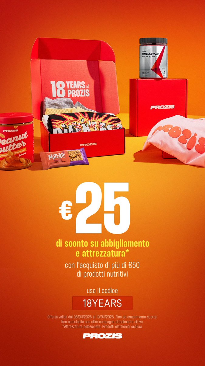 Acquista oltre 50 € in prodotti di nutrizione, usa il codice 18YEARS e ricevi 25 € di sconto su una selezione di abbigliamento! ➡️ prozis.com/3FMZ