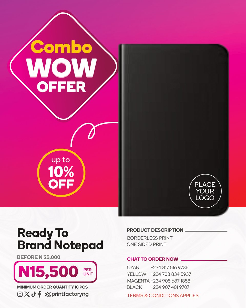 Printfactoryng's tweet image. Why buy one when you can get a combo deal?

Simply send a Dm for more information.

#printondemand #printfactoryng #officestationery #corporategift #explorepage #discountsale #giftshop #giftideas #corporatebranding
