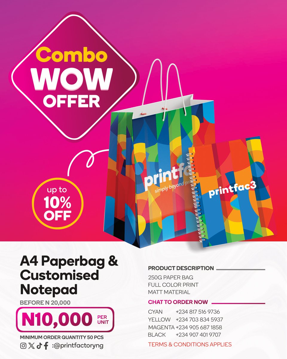 Printfactoryng's tweet image. Why buy one when you can get a combo deal?

Simply send a Dm for more information.

#printondemand #printfactoryng #officestationery #corporategift #explorepage #discountsale #giftshop #giftideas #corporatebranding