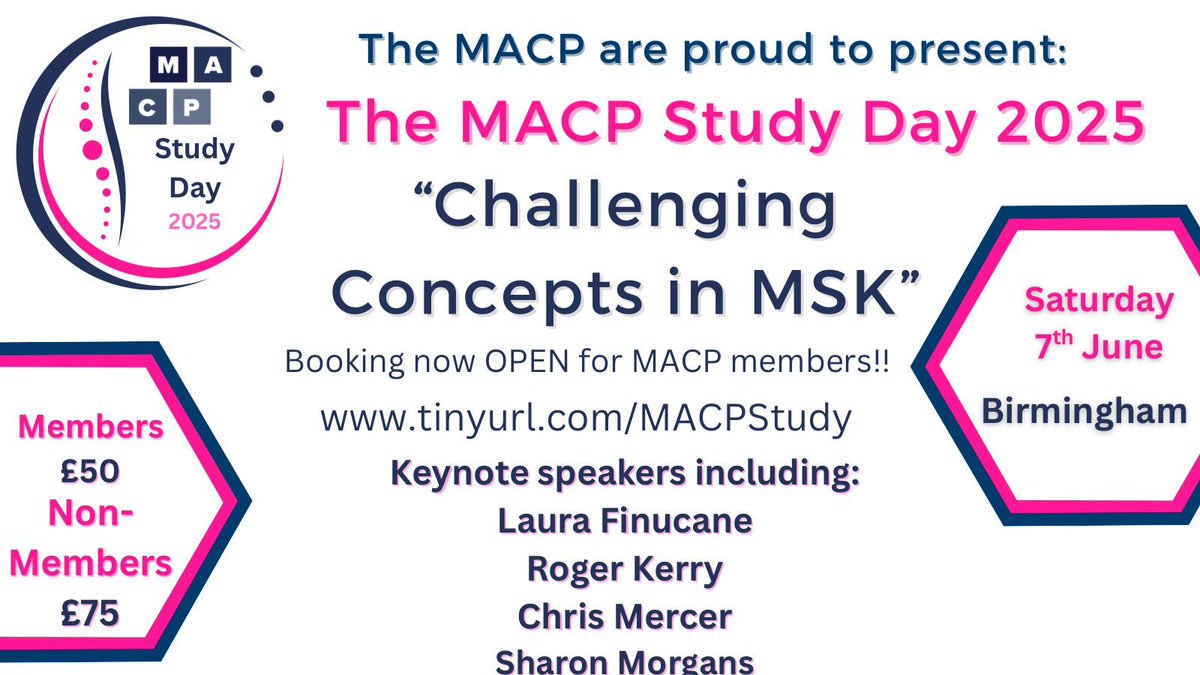BOOKING is now open to ALL members for our fantastic Challenging Concepts in MSK study day with an excellent line up of speakers.Capacity is limited so book now to avoid missing out. Bookings iopen to non-members next week! Book here macpweb.org/events/488/mac…