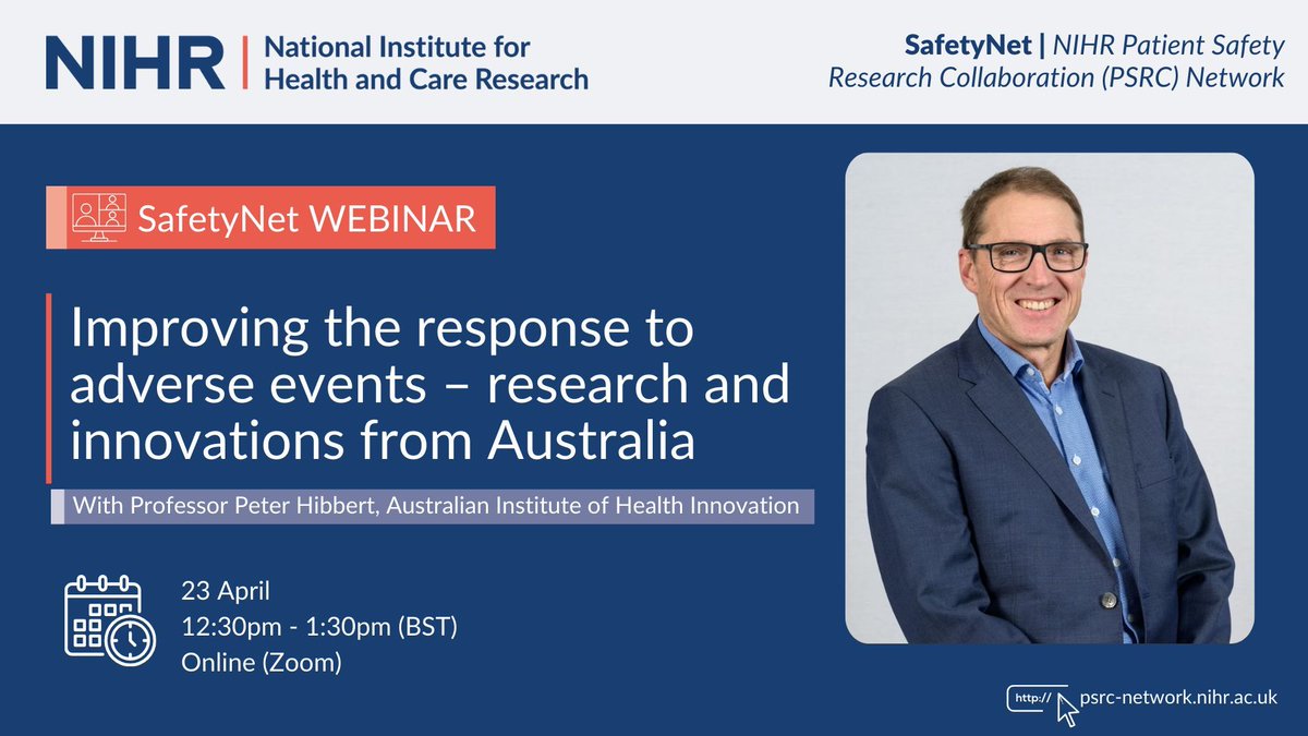 NIHR PSRC Network (SafetyNet) (@nihrpsrcs) on Twitter photo We're delighted to invite you to our upcoming #SafetyNet webinar on Improving the response to adverse events, with Professor Peter Hibbert from the Australian Institute of Health Innovation (<a href="/AIHI_MQ/">Australian Institute of Health Innovation</a>)
📅 23 April, 12:30–1:30pm (BST)
🔗 Book your place: psrc-network.nihr.ac.uk/2025/03/20/saf… We're delighted to invite you to our upcoming #SafetyNet webinar on Improving the response to adverse events, with Professor Peter Hibbert from the Australian Institute of Health Innovation (<a href="/AIHI_MQ/">Australian Institute of Health Innovation</a>)
📅 23 April, 12:30–1:30pm (BST)
🔗 Book your place: psrc-network.nihr.ac.uk/2025/03/20/saf…