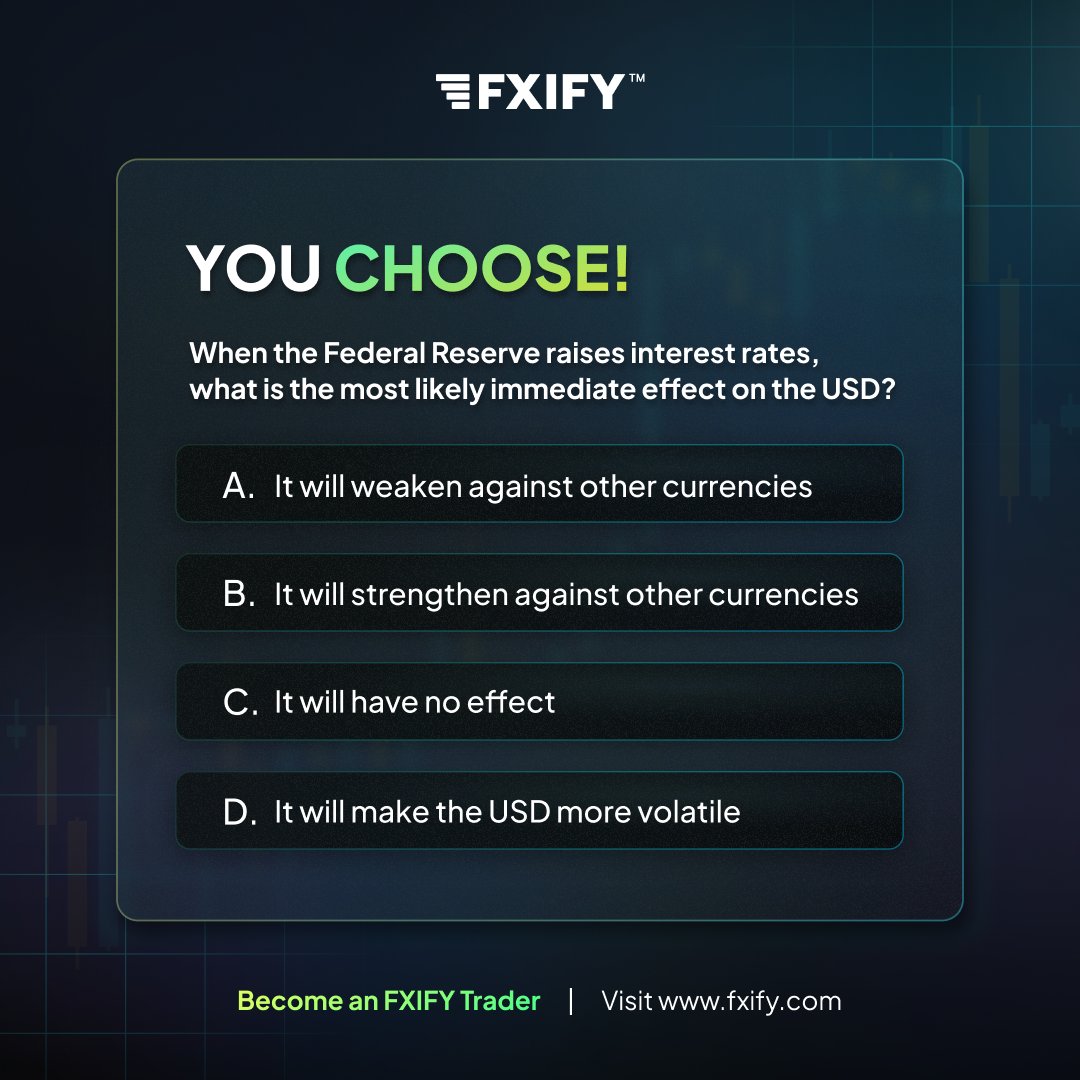 fxifycom's tweet photo. When the Federal Reserve raises interest rates, whatβs the most likely effect on the USD? π€
Drop your answer below! π
#ForexTrivia #USD #InterestRates #FXIFY https://t.co/cBSLfsK7bi