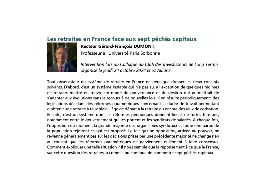 Le système français de #retraite ne cesse d’interroger. Pour le futur de sa #protection sociale, ne faut-il pas d’abord inventorier les sept péchés capitaux dont il devrait s’écarter. Lire l’analyse de Gérard-François Dumont. shs.hal.science/halshs-0502141…