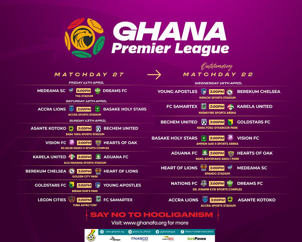GhanaLeague's tweet photo. 2️⃣ matchdays. 1️⃣ massive week. 🔥

Matchday 27 + outstanding Matchday 22 fixtures = a loaded week of #GPL football! ⚽️ https://t.co/H4Sc8Mc1E1