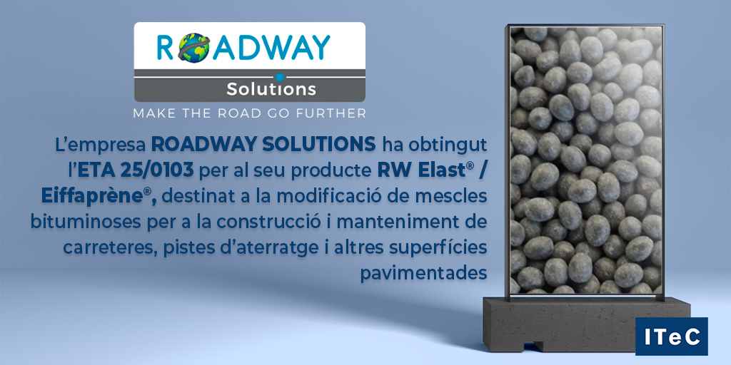 ✅ ROADWAY SOLUTIONS ha obtingut l’ETA 25/0103 per al seu producte RW Elast® / Eiffaprène®, destinat a la modificació de mescles bituminoses per a carreteres, pistes d’aterratge i altres superfícies pavimentades 🛣️

Més informació 👉 bit.ly/3E0qcYx
