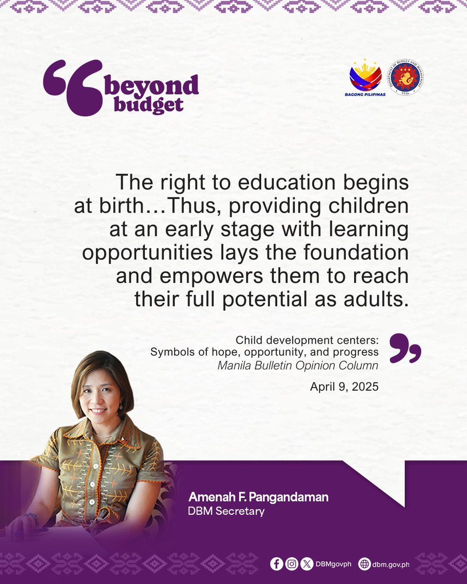 DBMgovph's tweet photo. #BeyondBudget: In her latest @manilabulletin article, DBM Secretary Amenah F. Pangandaman ensured that no child will be left behind through the Joint Circular signed by DBM and the @DepEd_PH on the establishment of Child Development Centers in low-income communities nationwide. https://t.co/Jrpqj82j53