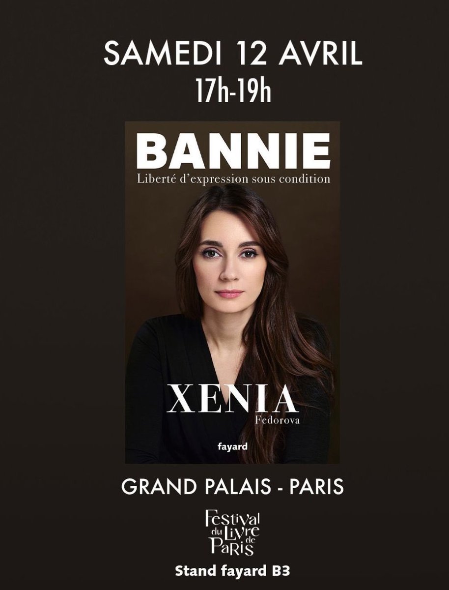 Xenia Fedorova (ex-RT France) tellement "bannie" qu'elle sera au Festival du Livre au Grand Palais samedi 12 avril prochain, à l'aise.
Partenaires médias : Radio France, France TV, entre autres
Soutiens institutionnels : Ville de Paris, Ministère de la Transition écologique, etc
