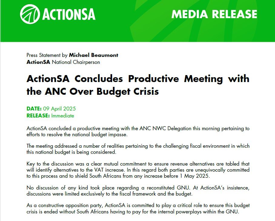 ME_Beaumont's tweet photo. 🚨BREAKING NEWS🚨

ActionSA and the ANC met today and both parties have committed to ensuring the avoidance of a VAT Increase on 1 May 2025.

The meeting was productive and focused on preventing South Africans having to pay for the internal powerplays within the GNU.