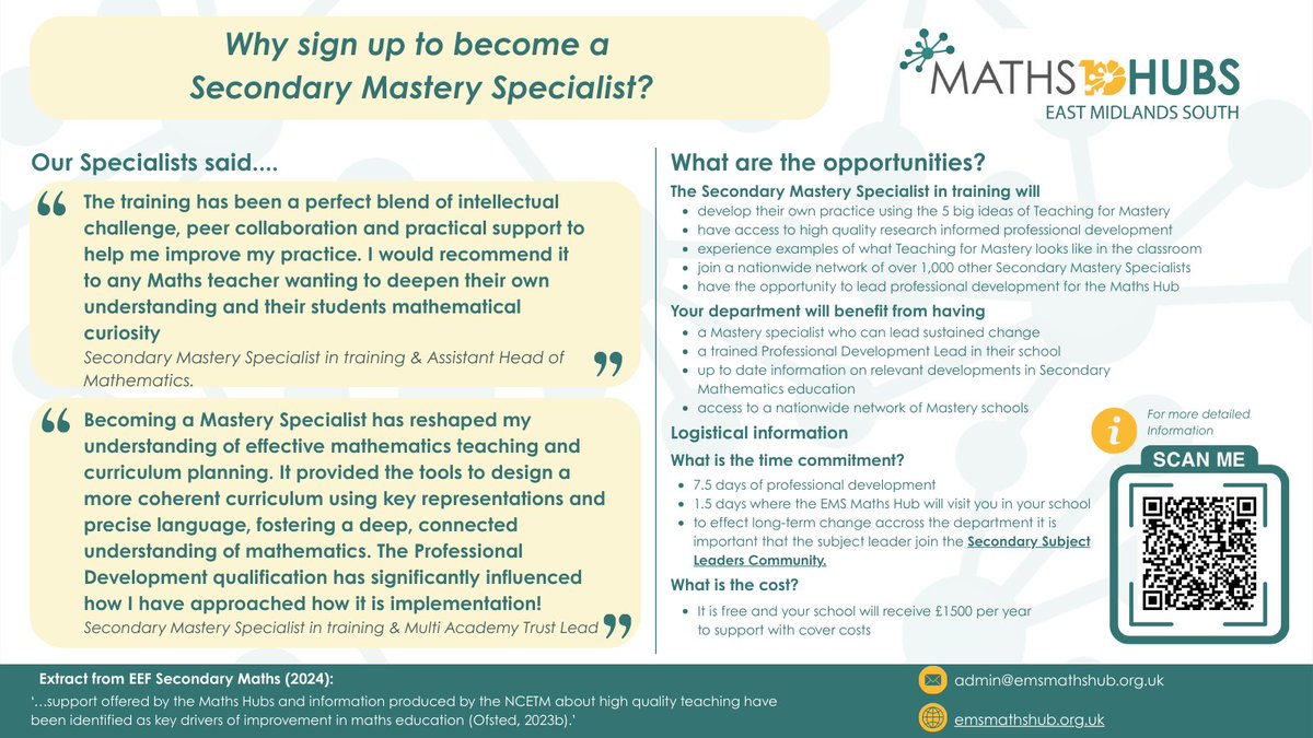 East Midlands South (@emsmathshub) on Twitter photo 📢Secondary Maths Teachers
Want to become a specialist in teaching for mastery and support your own school to develop teaching for mastery approaches? Join the Secondary Mastery Specialist Programme.
Find out more- bit.ly/3W32MIs
<a href="/LeLTSH/">Leicester & Leicestershire Teaching School Hub</a> <a href="/LRTSHub/">Leicestershire & Rutland Teaching School Hub</a> <a href="/Northants_TSHub/">Northamptonshire Teaching School Hub</a> 📢Secondary Maths Teachers
Want to become a specialist in teaching for mastery and support your own school to develop teaching for mastery approaches? Join the Secondary Mastery Specialist Programme.
Find out more- bit.ly/3W32MIs
<a href="/LeLTSH/">Leicester & Leicestershire Teaching School Hub</a> <a href="/LRTSHub/">Leicestershire & Rutland Teaching School Hub</a> <a href="/Northants_TSHub/">Northamptonshire Teaching School Hub</a>