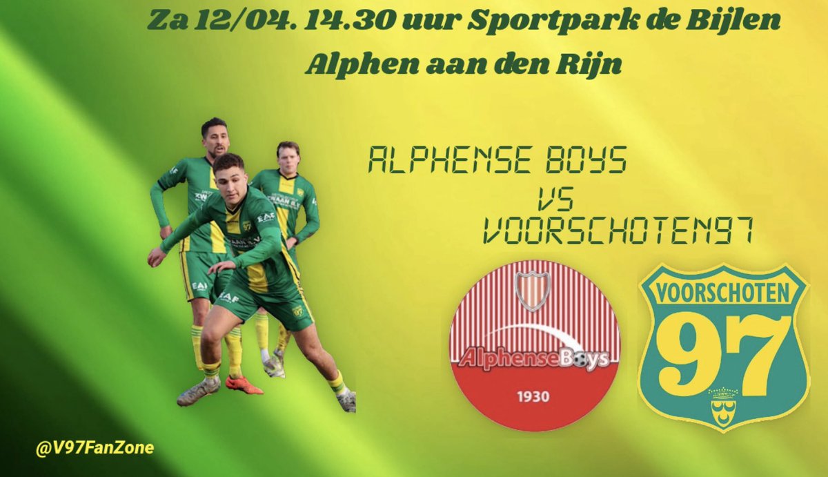 In Alphen aan den Rijn staan zaterdag <a href="/AlphBoys/">Alphense Boys</a> en Voorschoten97 tegenover elkaar. Beide ploegen staan gelijk in de stand en hebben heel hard punten nodig.

Aftrap: 14.30 uur 🔰🔰