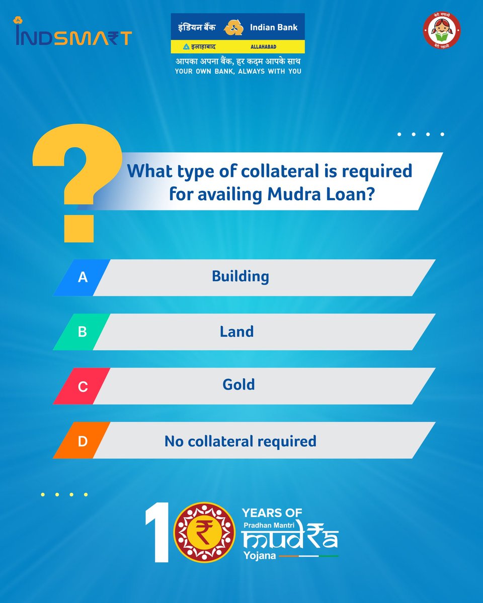 Question 2/3 - Mudra Loans has been revolutionizing the way business are being run. But do you know what type of collateral is required to avail it? Comment your answer and prove yourself to be the Mudra Master!

#IndianBank #10YearsofMUDRA #PMMY #ContestAlert #Quiz