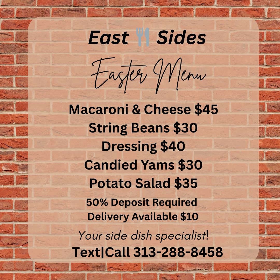 TheDetroitPeach's tweet photo. East Sides is your side dish solution! Call or text 313-288-8458 to place your order. Delivery is available!
#sides
#Easter
#homemade
#deliveryavailable https://t.co/xKI7MkvTZ5