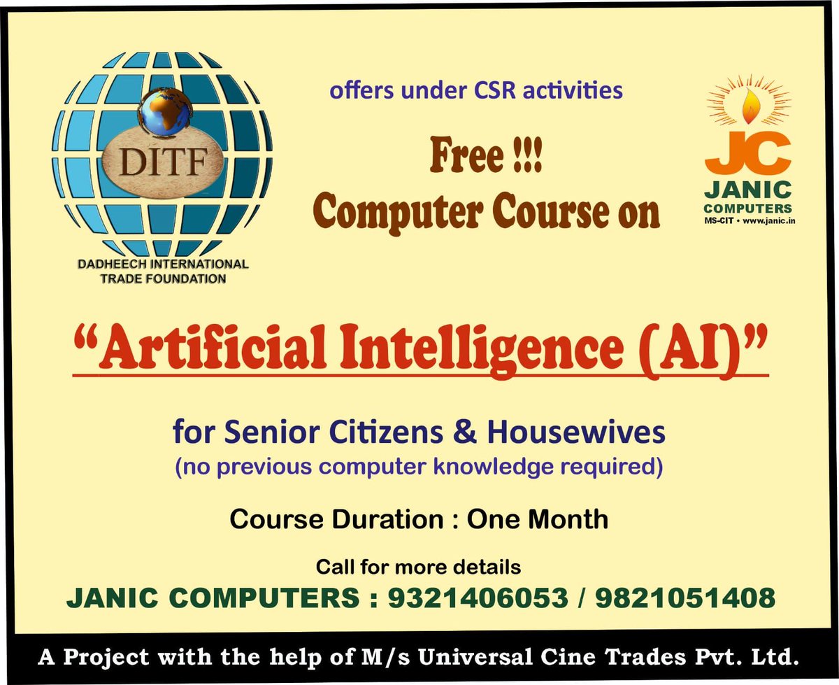 DadheechF's tweet image. DITF ने Janic Computers संग वरिष्ठ नागरिकों के लिए मुफ्त 1-महीने का AI कंप्यूटर कोर्स शुरू किया है | No prior knowledge needed. Daily 1-hour class | Register now! CSR by Universal Cine Trades Pvt Ltd. #DITF #FreeAICourse #TechForSeniors