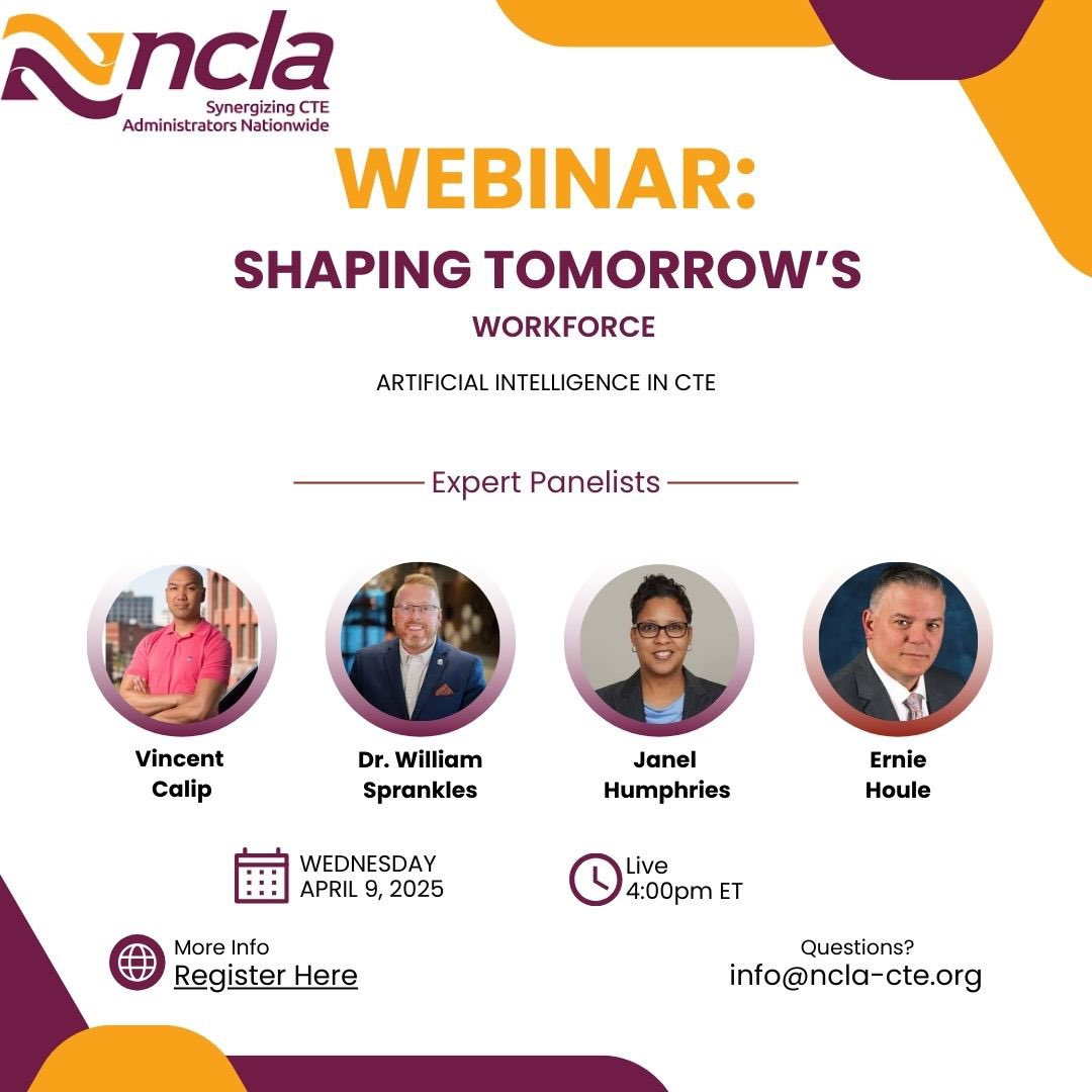 Happening Today! Join us for an important conversation with national CTE experts to discuss #AIinCTE.

Register here: 
us06web.zoom.us/webinar/regist…