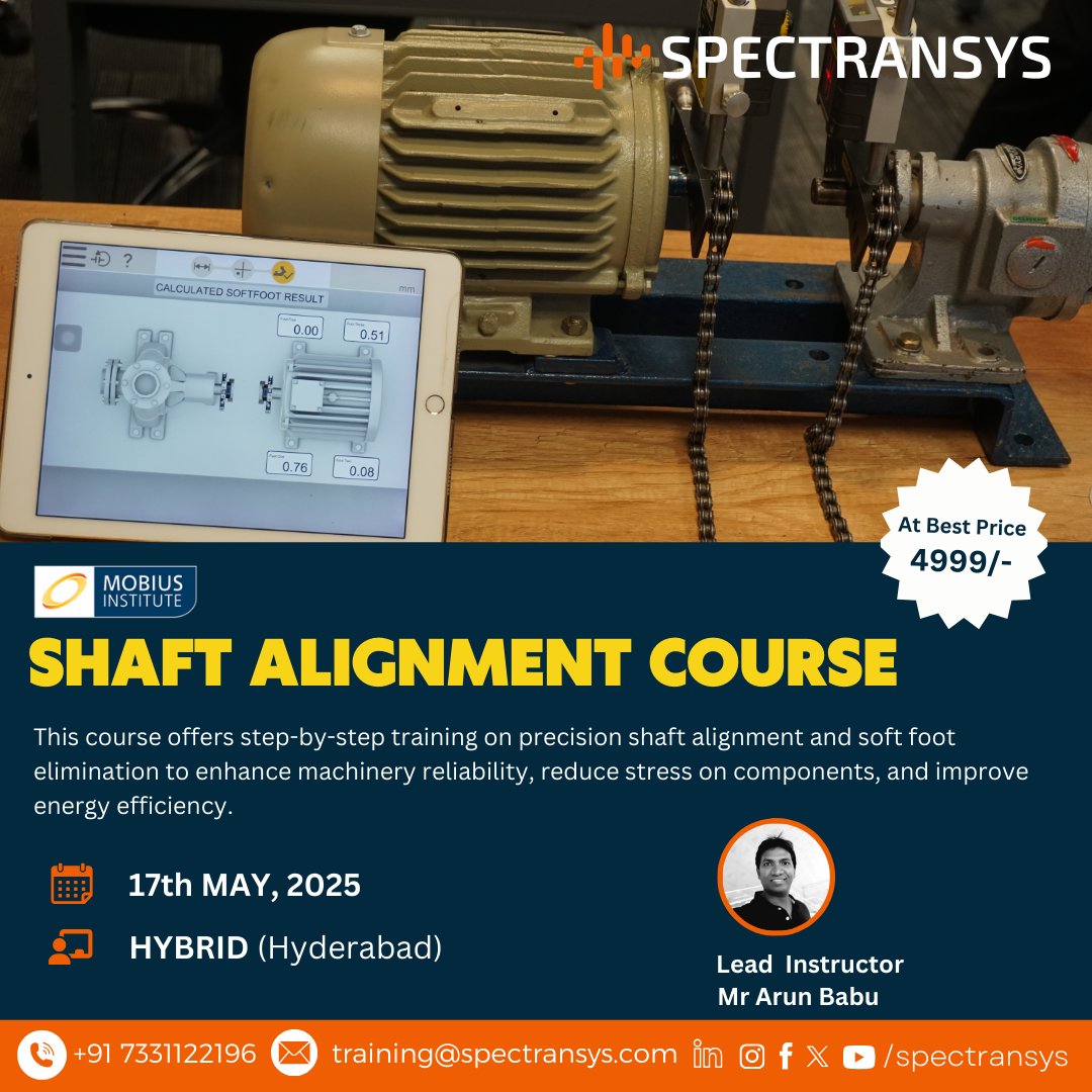 spectransys's tweet photo. 𝑴𝒂𝒔𝒕𝒆𝒓 𝒕𝒉𝒆 𝑨𝒓𝒕 𝒐𝒇 𝑷𝒓𝒆𝒄𝒊𝒔𝒊𝒐𝒏 𝑺𝒉𝒂𝒇𝒕 𝑨𝒍𝒊𝒈𝒏𝒎𝒆𝒏𝒕!
Join our Shaft Alignment Course on 17th May 2025 in Hyderabad (Hybrid mode) and get hands-on training with industry-advanced instruments.

#ShaftAlignment #MaintenanceExcellence #ReliabilityTraining https://t.co/HoKbVMNawj