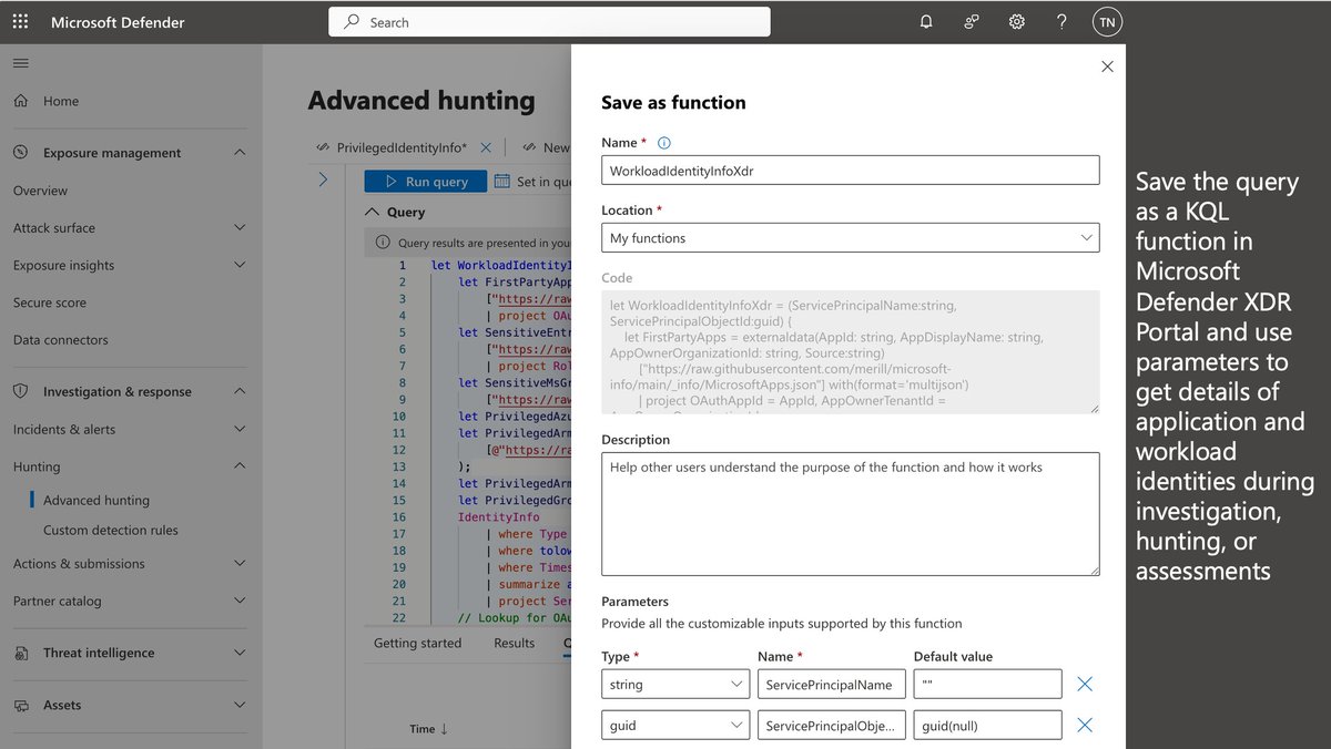 I've published a #KQL function ("WorkloadIdentityInfoXDR") for #MicrosoftDefender to enhance details of #MicrosoftEntra #WorkloadID from various sources, incl. the new table "OAuthAppInfo" but also IdentityInfo table and #ExposureManagement. (1/2)
🔗 github.com/Cloud-Architek…