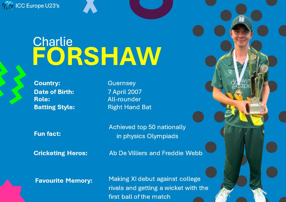 icc_europe's tweet image. 📸Player Spotlight: Meet Charlie– where talent meets tenacity! 🚀 Making a stunning debut by claiming a wicket on his very first ball against college rivals, he’s growing strength from strength. Drawing inspiration from legends like Ab De Villiers and Freddie Webb, Forshaw also…
