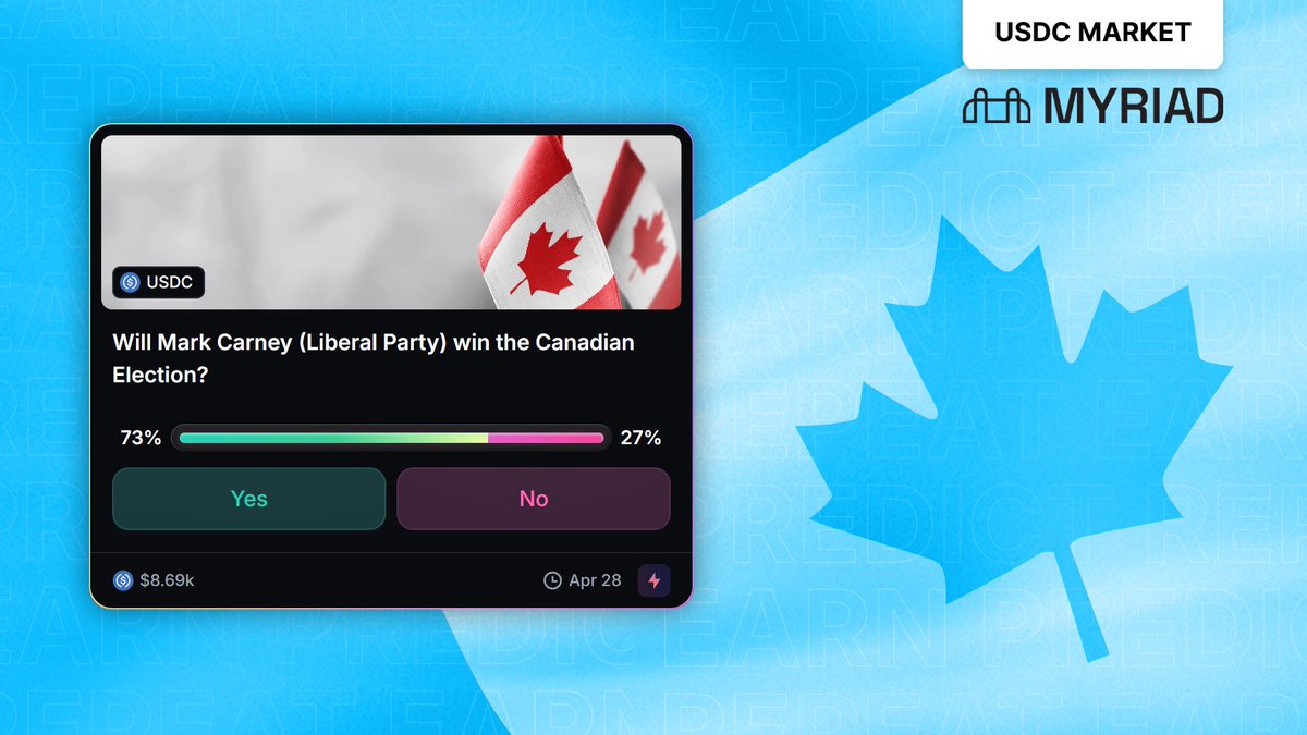 MYRIAD (@myriadmarkets) on Twitter photo With #Consensus2025 happening in Toronto, we've teamed up with <a href="/consensus2025/">#Consensus2025</a> to bring you our Canadian Election market!
Will the Liberal Party win the next Canadian Election? With #Consensus2025 happening in Toronto, we've teamed up with <a href="/consensus2025/">#Consensus2025</a> to bring you our Canadian Election market!
Will the Liberal Party win the next Canadian Election?