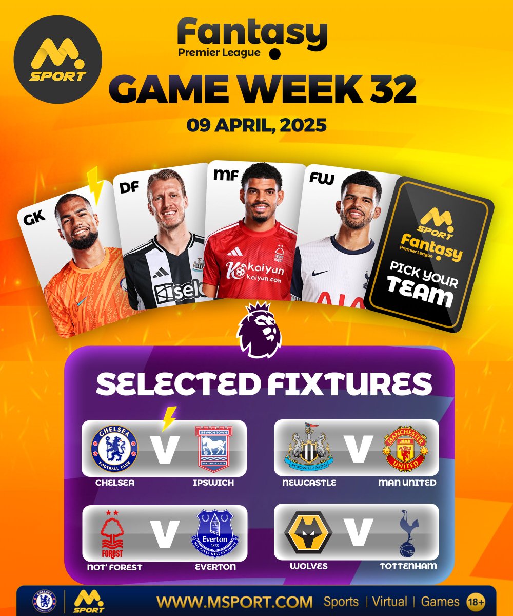 MSportOfficial's tweet photo. Do you have the magic wand? 🪄
PICK Your team from the selected fixtures on GAMEWEEK 32.
BONUS POINTS🎁: Chelsea Boost (Player to Score)💙
SELECTED FIXTURES
Nottm Forest vs Everton
Chelsea vs Ipswich
Newcastle vs Man Utd
Wolves vs Tottenham
NOTE📢
▪️Points are allotted as follows:
1- Goal-keeper to keep a clean sheet (3pts)
2- Defender to keep a clean sheet (2pts)
3- Midfielder to score (3pts)
4- Striker to score (2pts)
▪️If a customer picks any Chelsea player that scores a goal, you get your points DOUBLED for that pick.
▪️If a player does not start, your entry becomes VOID!
▪️Entries closes on Friday, 12 noon.
▪️No Multiple entries ❌
▪️All entries must end with #MFPL
Let's PLAY! GET BOOSTED⚡️⚽️⚽️