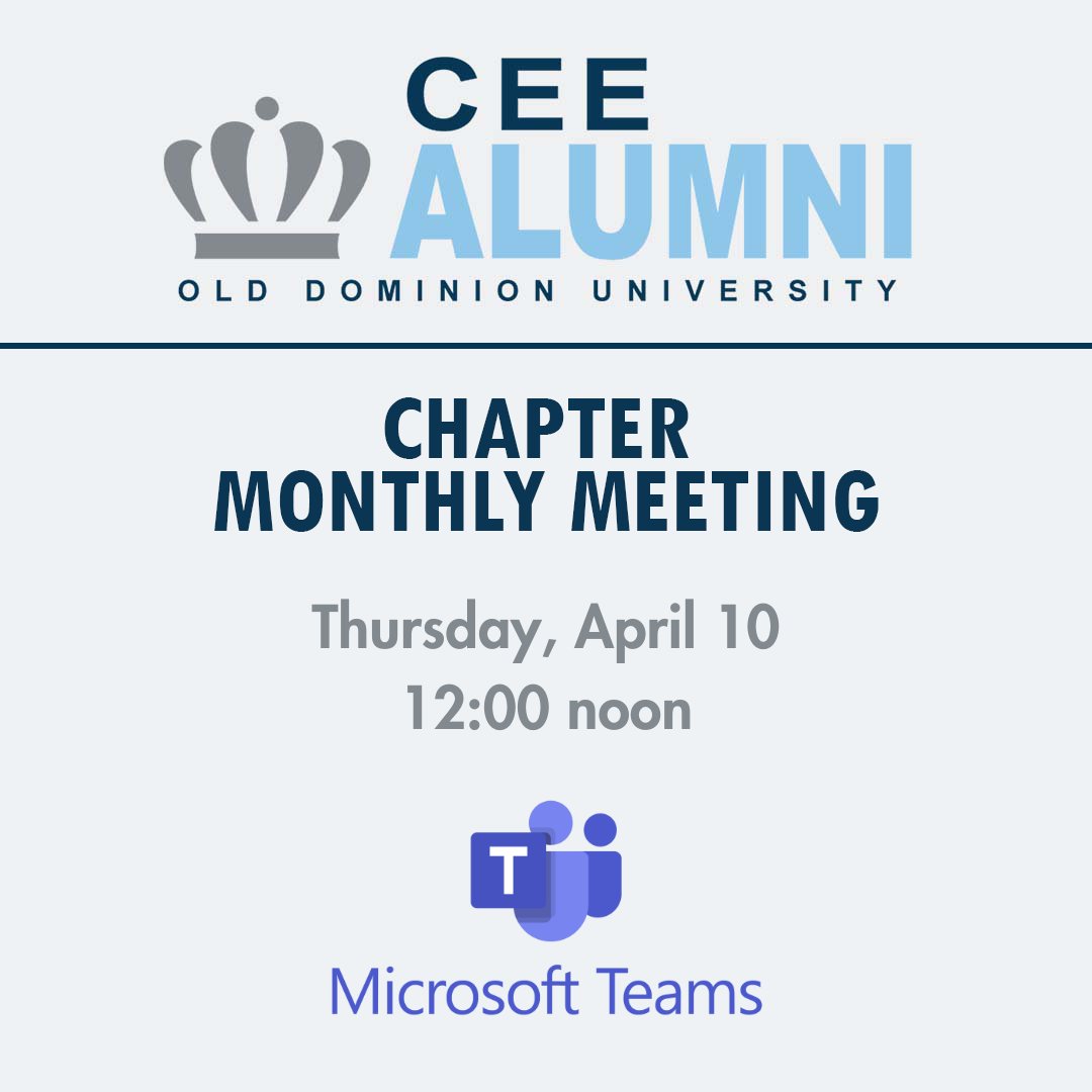 ODUCEEAlumni's tweet photo. Join the ODU CEE Alumni Chapter for our April board meeting. We will discuss upcoming CEE Alumni events, potential future events, and ways to engage alumni.  

Register at the link below.
https://t.co/3Pe1eqBzFf

#odu #oduceeac #oduengineering #engineering #oduceealumni https://t.co/hzUxYAuNA3