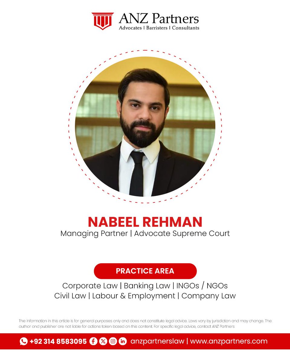 ANZPartnerslaw's tweet photo. Nabeel Rehman
.
🔹 Managing Partner | Advocate Supreme Court
🏛️ A highly experienced Supreme Court advocate offering strategic legal counsel and representation.
📞 Contact: +92 314 8583095
🌐 https://t.co/tCic17Zeal
.
.
.
#ANZPartners #Lawyers #Barristers #CivilLaw #CompanyLaw https://t.co/k643y0lLQu
