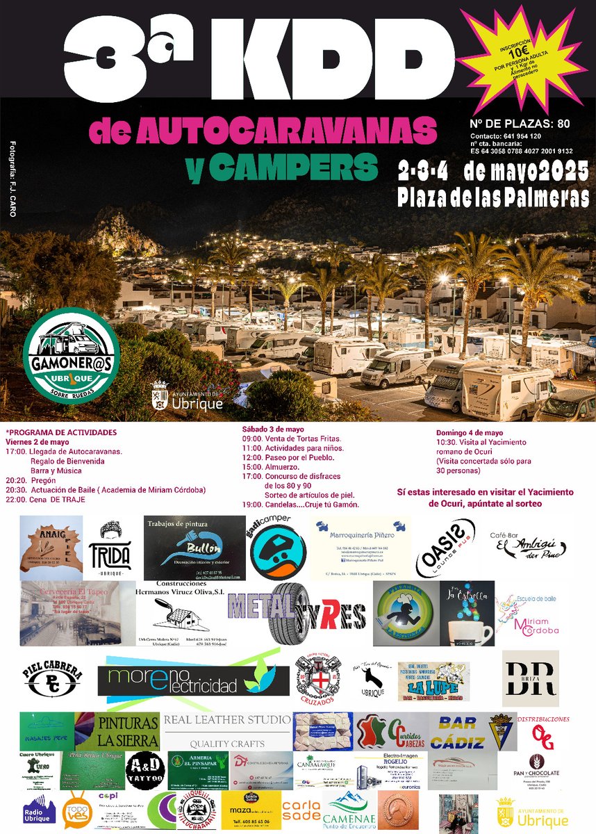 radioubrique's tweet photo. El colectivo local Gamoneros sobre Ruedas ha publicado el cartel de la 3ª KDD de Autocaravanas y Campers. El evento se desarrollará el fin de semana del 2 al 4 de mayo coincidiendo con la celebración de la Crujía de Gamones. https://t.co/BI6Df2y3wo