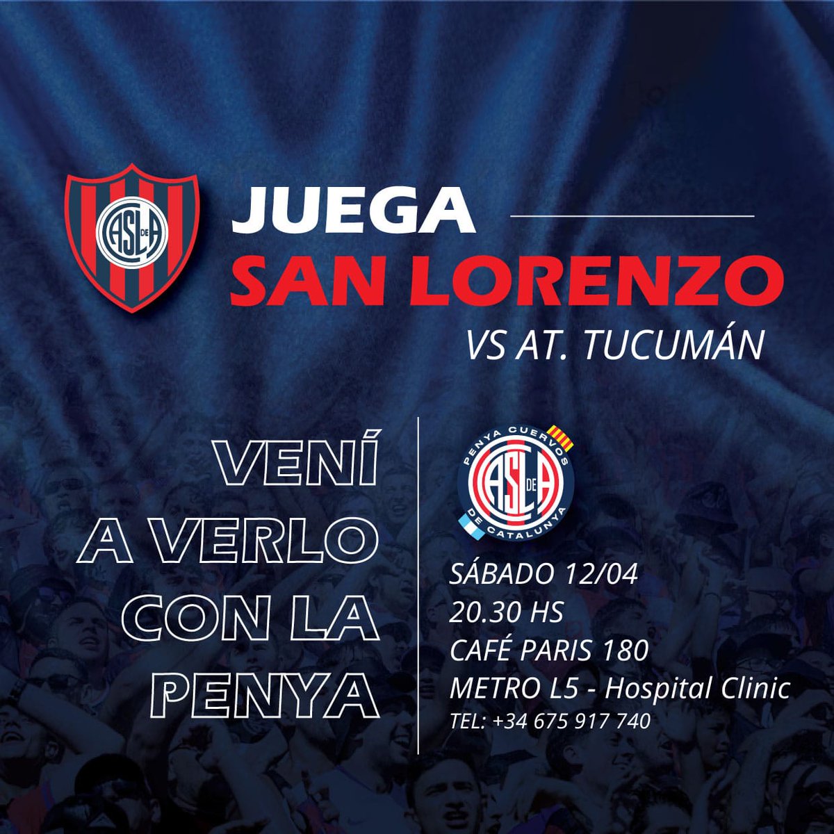 El Ciclón quiere asegurar la clasificación y este es el partido.

Venite a verlo a nuestro bar en un horario ideal para disfrutar de un sábado con la cuervada!

Si estás de paso o conoces a algun cuervo/a por Barcelona, no dudes en decirle que venga a ver el partido con la Penya!