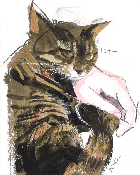 本日描いた猫さん お母さんの手に身を委ね #猫いっぱいギャラリー #阪神梅田本店 #オーダーイラスト