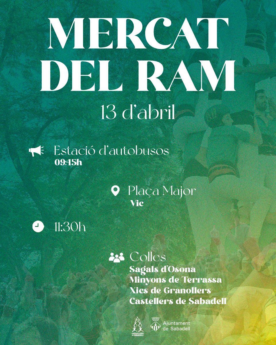 El segon plat del doblet d'aquest cap de setmana serà al tradicional Mercat del ram de Vic amb <a href="/SagalsdOsona/">Sagals d'Osona 🎗</a>, <a href="/Minyons/">Minyons de Terrassa</a> i <a href="/XicsGranollers/">Xics de Granollers</a>.
Recordeu apuntar-vos a l'App si veniu i amb quin dels busos tornareu!
Ens veiem avui a assaig 💚
