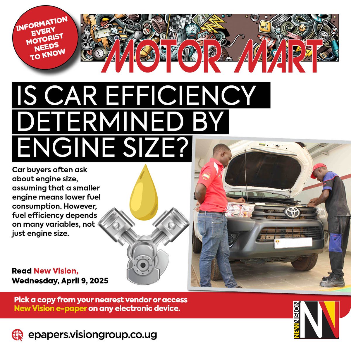 newvisionwire's tweet image. 🚗 This Wednesday in Motor Mart:

Is car efficiency determined by engine size? 🤔
Find out the truth and get expert insights on car performance!

Grab your copy now or subscribe to our #EPAPER 👉🏿 epapers.visiongroup.co.ug 📰

#VisionUpdates #CarEfficiency #MotorMart