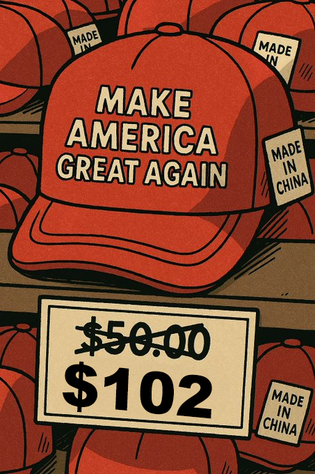 After 104% tariff will the cult still buy the hats?
104% of 50=52, so a $50 item becomes $102 after tariffs, with that $52 paid to the US government. $100 items become $204 etc.