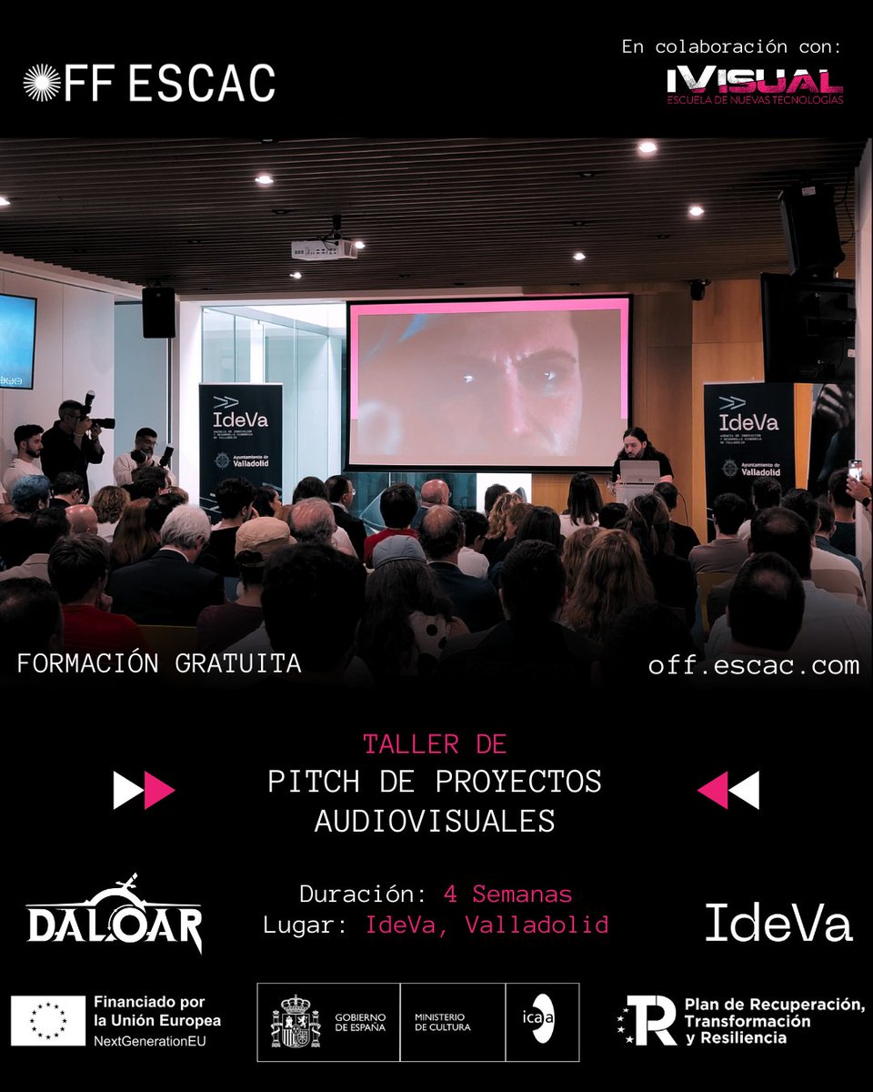 daloarstudios's tweet photo. Os traemos el primer curso gratuito con @escac 
¿Buscas un publisher o inversor para tu proyecto? 🤔

⏩ Taller de Pitch de Proyectos Audiovisuales ⏪

- Lugar: @ideva_agencia, Valladolid
- Fechas: 12 de Mayo al 9 de Junio
- Horario: Lunes a Viernes de 16:00 a 18:00

#gamedev #valladolid #offescac