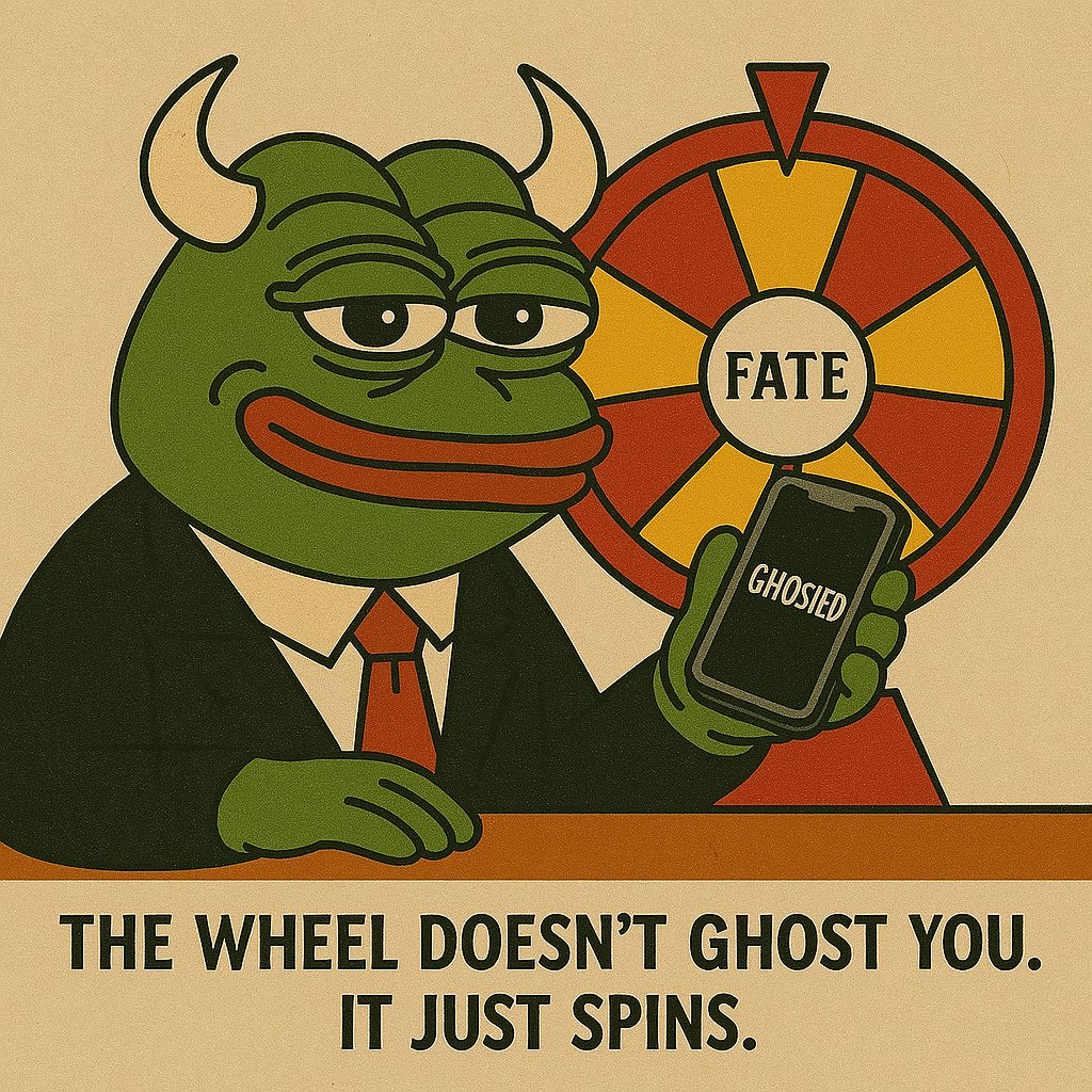 GM_Bulls's tweet photo. Your boss lies.
Your politician ghosts.
Your DAO rugs.

But the wheel?
It just spins.

No promises.
No favorites.
Just odds.

#lottocracy #CryptoChad #peggedsaga #DeFiDrama https://t.co/NMDnpyuPis