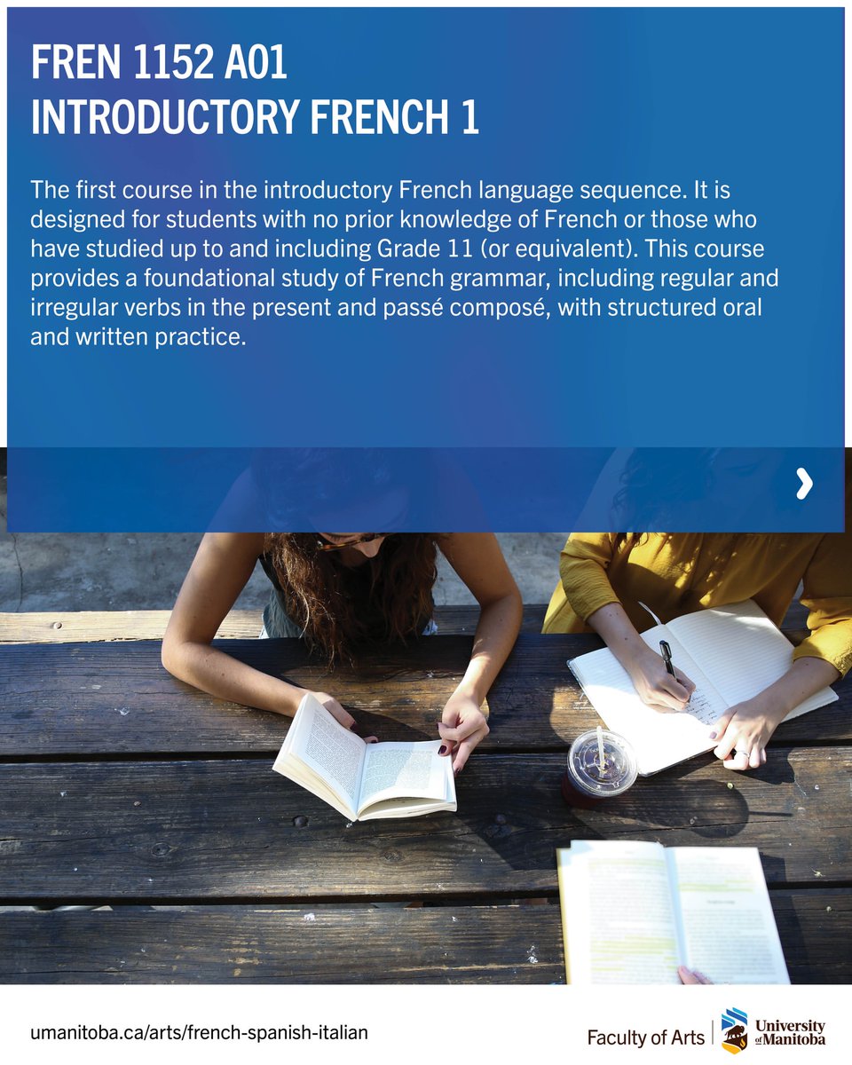 Introductory French 1 (FREN 1152)

This is the first course in the introductory French language sequence. It is designed for students with no prior knowledge of French or those who have studied up to and including Grade 11 (or equivalent). 

#UManitoba #StartAtArts #SummerTerm