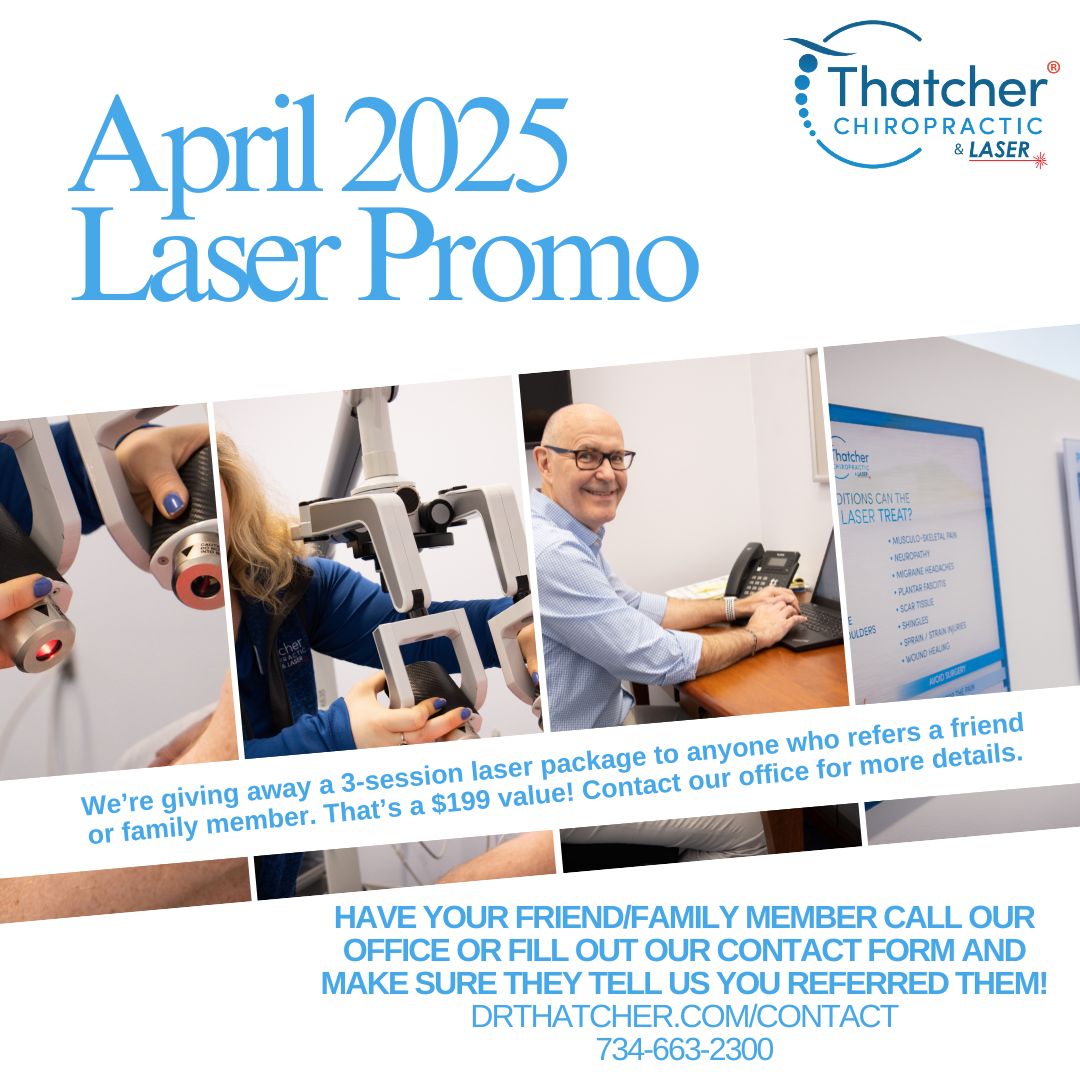 ThatcherChiroMI's tweet photo. Have you had a great experience with our team at TC&amp;L? Let your family and friends know about us! This month only, we’re giving away a 3-session laser package to anyone who refers a friend or family member. That’s an amazing $199 value! Contact our office for more details. https://t.co/kUSvncWn3M