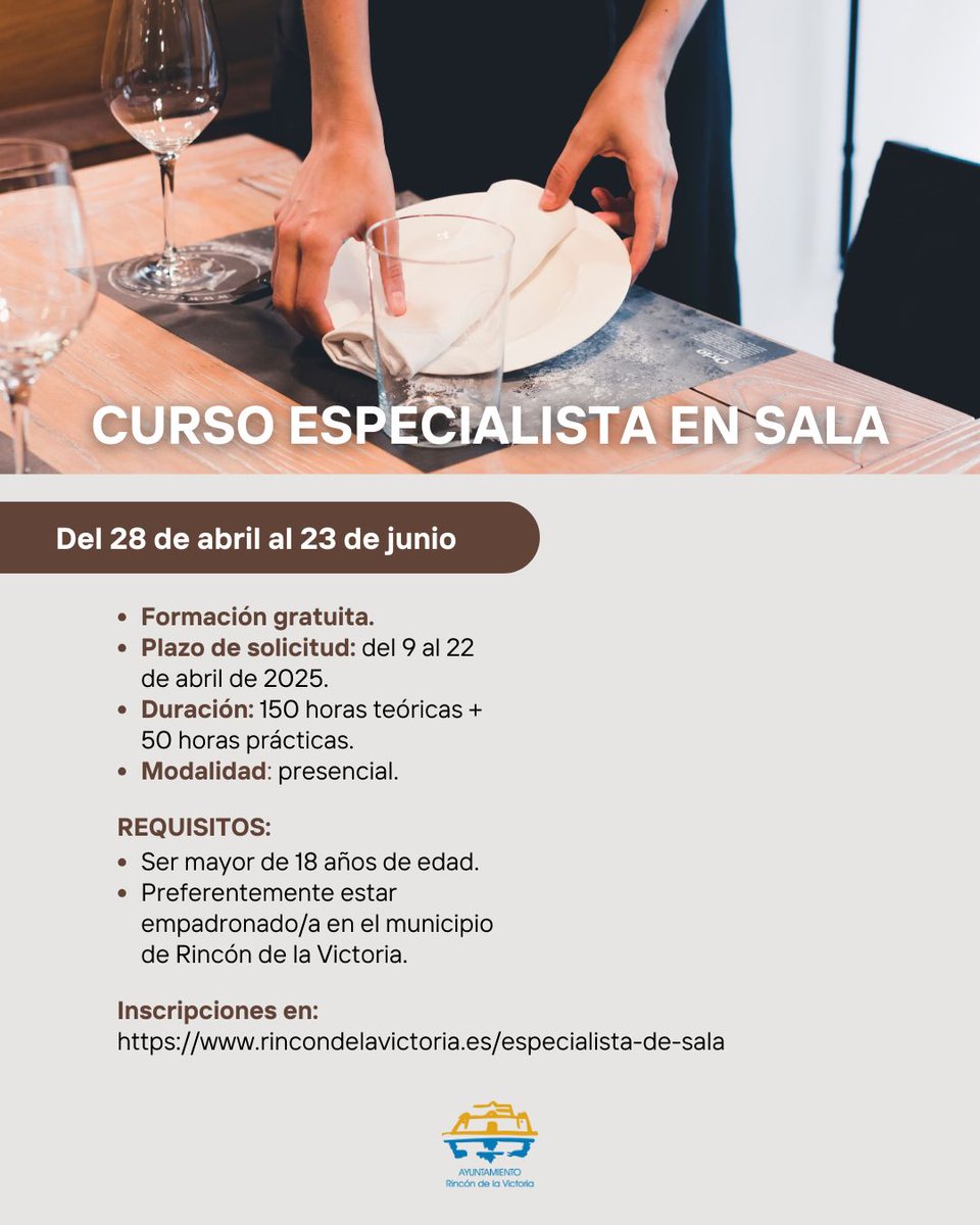 tecHORECA's tweet photo. @aytorincon 15 plazas, GRATUITAS, por orden de llegada de la solicitud en: https://t.co/EyuNxIeduH
Trabajaremos de forma práctica:
- servicio de sala
- talleres de sumillería
- talleres de coctelería
- talleres de barismo
- talleres de corte de jamón
- seguridad alimentaria https://t.co/w02jccy0sN