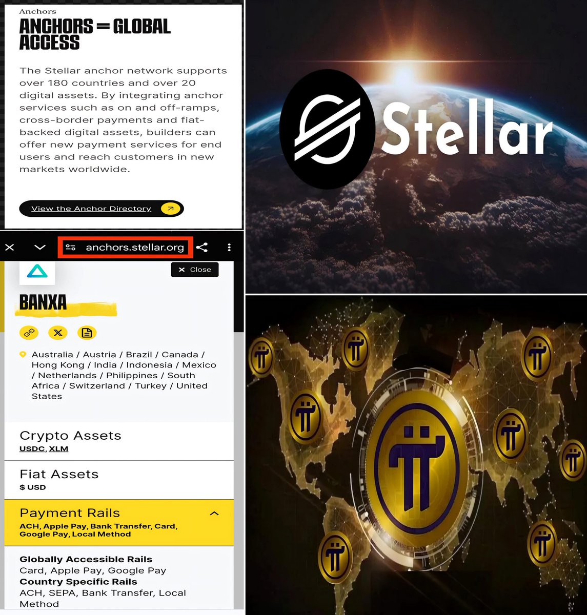 2000Rocker's tweet photo. Stellar: "The Stellar anchor network supports over 180 countries and over 20 Digital Assets..By integrating anchor services such as on and off-ramps,cross-border payments and fiat-backed digital assets,builders can offer new payment services for end users and reach customers in new markets worldwide".

As a Partner of Pi Network and Stellar,Banxa @BanxaOfficial provides Globally Accessible Rails via Card,Apple Pay and Google Pay. 

Next,let's wait for Pi Network's official partnership with Apple and Google.

Pi Network is King!!..👑👑���🔥
#PiNetwork2025