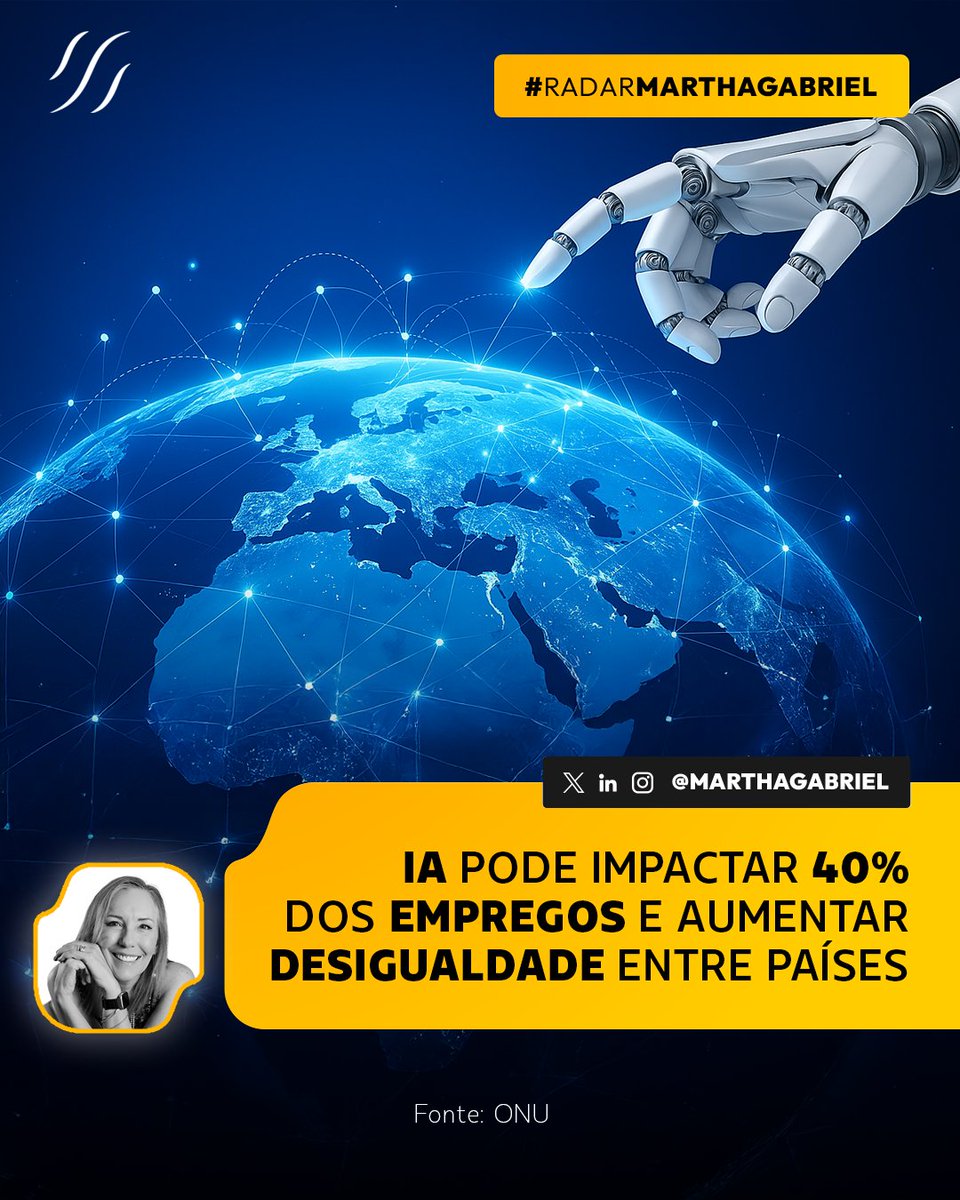 marthagabriel's tweet photo. Segundo a ONU, a INTELIGÊNCIA ARTIFICIAL pode impactar até 40% dos EMPREGOS globalmente, com risco de ampliar DESIGUALDADES entre PAÍSES desenvolvidos e em desenvolvimento.

Continue lendo >>> https://t.co/b8dfwUkctC https://t.co/Wm8J57eBhS