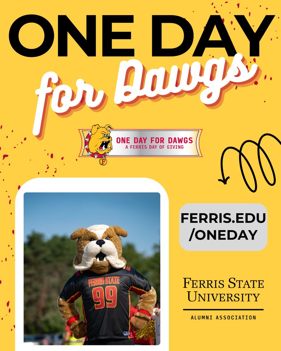 FerrisAlumni's tweet photo. 🐶 Bulldogs, the day is HERE! 🎉 One Day for Dawgs is underway! Support scholarships, programs &amp; more.
Donate now: https://t.co/Qcuine2s1R
See all teams &amp; goals here: https://t.co/yKOwJt6WkF ✨
#FERR1S #BulldogForLife #FerrisForward https://t.co/35dhlEz48K