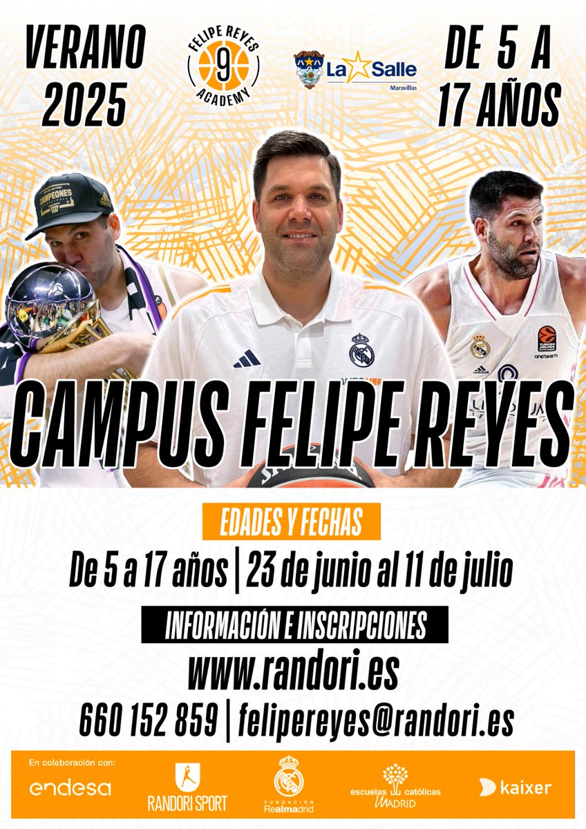 <a href="/9FelipeReyes/">Felipe Reyes</a> <a href="/RandoriSport/">Randori Sport</a> <a href="/Fun_Realmadrid/">Fundación Real Madrid</a> <a href="/DeportesECM/">DeportesECM</a> <a href="/basketlover/">Endesa Basket Lover</a> <a href="/stlouisfrancais/">stlouisfrancais</a> 🏀 Campus <a href="/9FelipeReyes/">Felipe Reyes</a> 2️⃣0️⃣2️⃣5️⃣ 🏀

ABIERTA LA INSCRIPCIÓN EN LA SEDE CASTELLANA: 

👉🏻 randori.es/felipereyes 

📍Colegio <a href="/lsmaravillas/">Colegio La Salle Maravillas</a>

@randorisport | <a href="/Fun_Realmadrid/">Fundación Real Madrid</a>