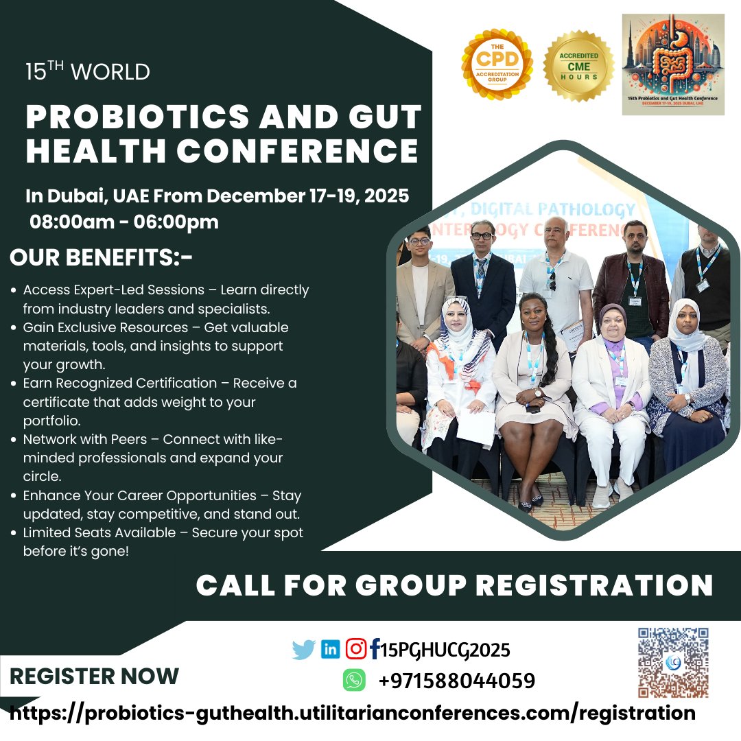 ProbioticsGut's tweet image. Call for Group Registration
Early Bird Group Deadline: April 15, 2025
Register your group now: probiotics.utilitarianconferences.com/registration
WhatsApp Us: wa.me/+971588044059

#GroupRegistration #GutHealth2025#ProbioticsConference #MicrobiomeMatters #DigestiveWellness #GutBrainAxis