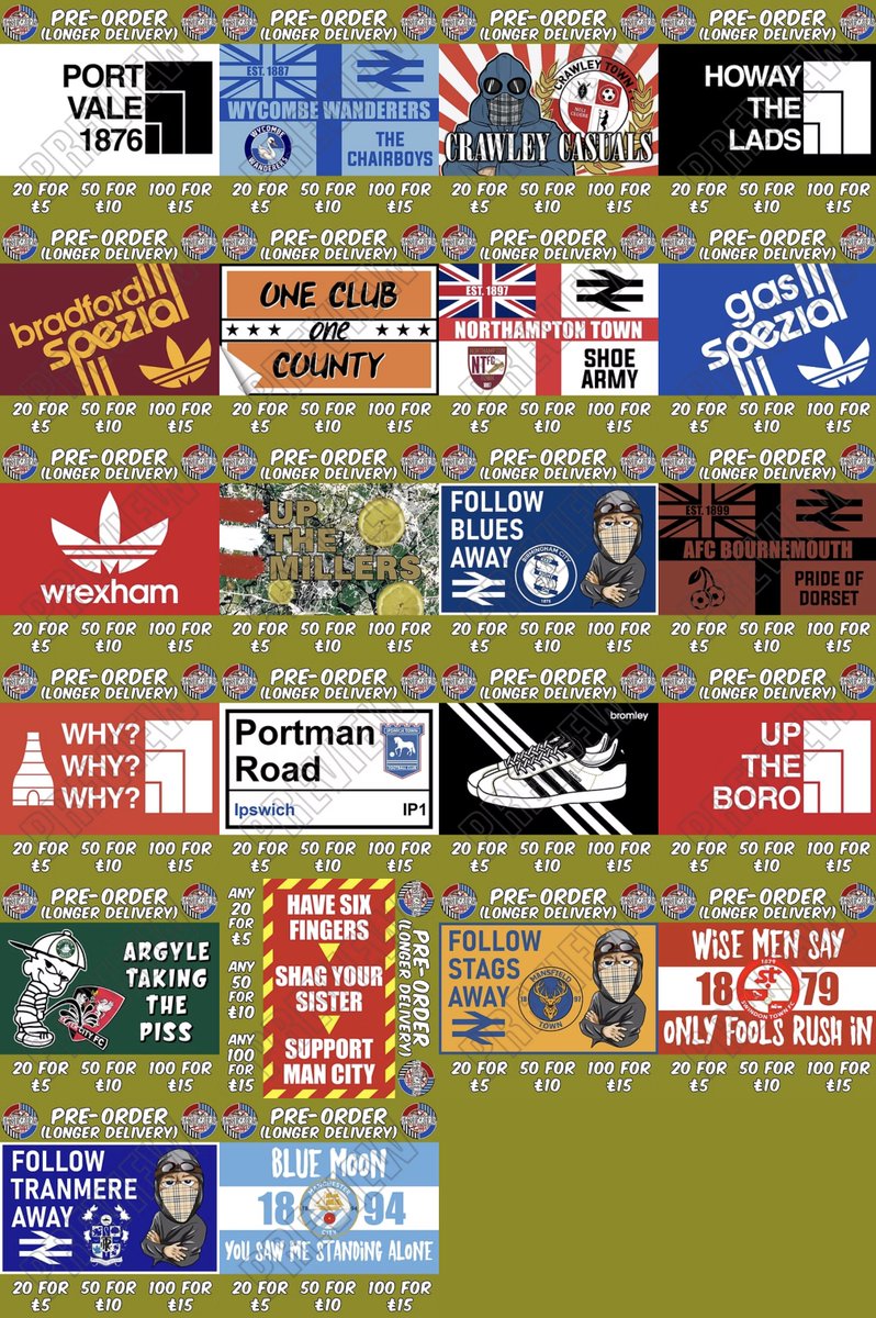 FCstickersUK's tweet photo. Some of the current pre-order designs available on the website β¬οΈ
#UpTheStickers #MarkYourTerritory
#wwfc #ntfc #afcb #nufc #crawleyfc #mtfc #mufc #itfc #afc #rufc #boro #stfc #trfc https://t.co/cYag4lUrny