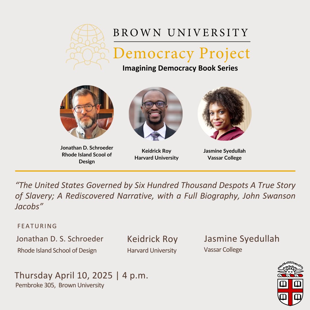 Join The Democracy Project tomorrow for The Imagining Democracy Book Series: The United States Governed by Six Hundred Thousand Despots with Jonathan Schroeder (RISD) and panelists. Secure your seat here: events.brown.edu/ppe/event/2974…