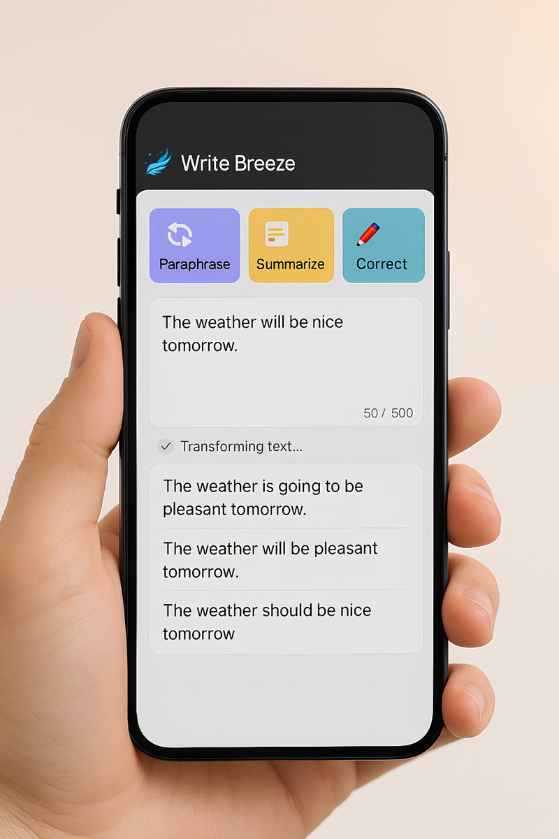writebreezeAI's tweet photo. 📱 Writing made easy — anytime, anywhere.
With WriteBreeze, paraphrasing and polishing your sentences takes seconds.
Give it a try 👉 https://t.co/WiLjEj9k3S
#AItools #MobileWriting #WritingAssistant #Paraphrasing #ContentTools #WriteOnTheGo https://t.co/xLpfPQ5Itz