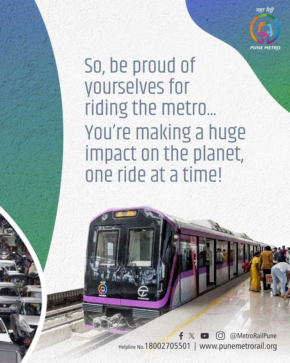 metrorailpune's tweet photo. You thought it was just a metro ride?
Turns out, you're saving the planet-one ride at a time.
Keep riding, keep making a difference.
#PuneMetro #SmartMovePuneMetro #GreenerCommute #SmartPune #पुणेमेट्रो #स्मार्टपुणे https://t.co/utaBKpB9sQ